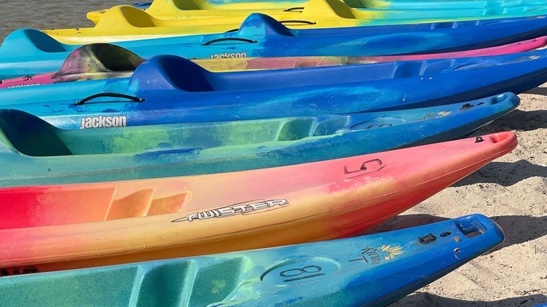 A line of colorful kayaks rest on the shore at White Sands Lake Day Beach