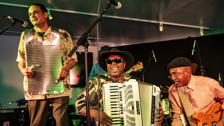Musicians onstage playing a rubboard and other instruments