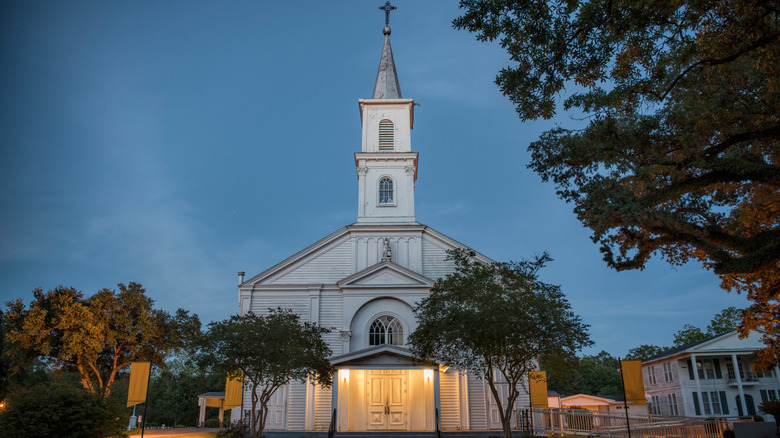 Grand Coteau's St. Charles of Borromeo Church at nighttime