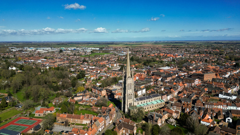 Aerial view of Louth with the church spire above the rooftops