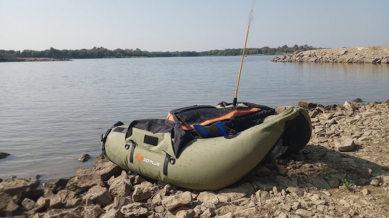 A boat along the rocky shore of Lyon State Fishing Lake