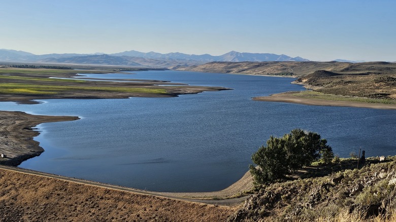 A bird's eye view of Magic Reservoir from the south end on a sunny day
