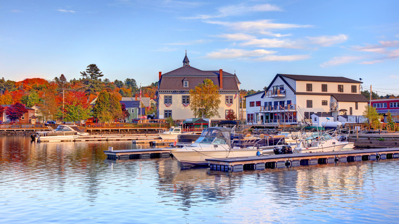 Boats on the water next to docks with buildings and trees with fall colors in the background