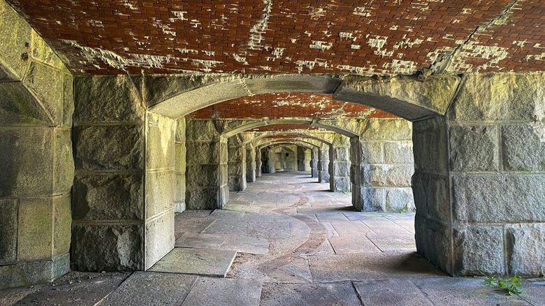 Stone walls and brick ceiling inside the structures at Fort Gorges, Portland