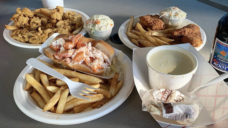 Seafood platter, lobster roll, chowder, and fish and chips at Susan's Fish-n-Chips in Portland, Maine