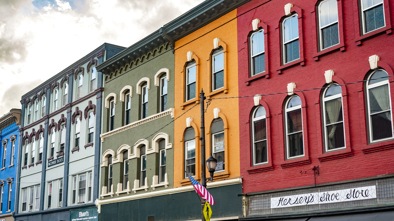 Brightly colored store fronts and buildings in the historical Main Street in the city of Augusta, Maine