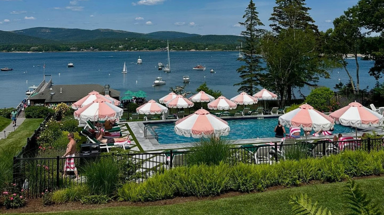 View over the pool and harbor at The Claremont Hotel in Maine