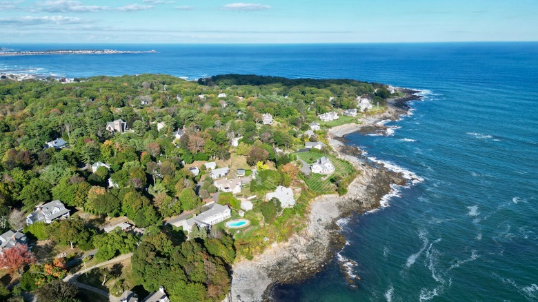Aerial view of coastline skirting Kennebunkport, Maine