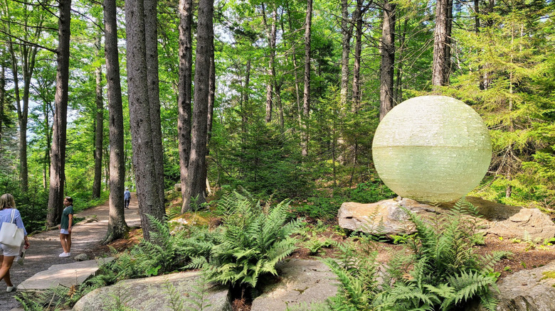 Hikers on a wooded trail in Coastal Maine Botanical Gardens, Boothbay, Maine