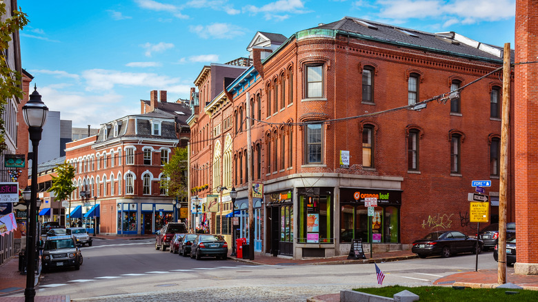 Street view of the historic Old Port District, Portland, ME
