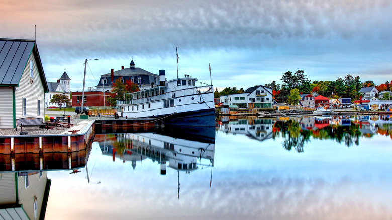 Boats and structures on Moosehead Lake in Greenville, Maine