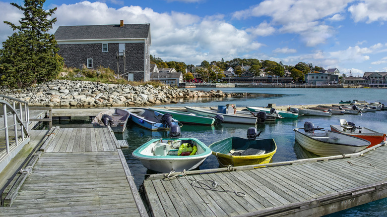 Boats sit docked in Stonington, Maine.