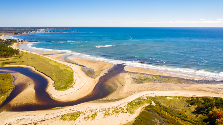 Aerial view of the Little River Estuary leading to Laudholm Beach