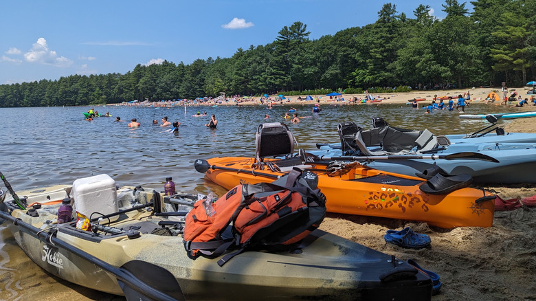 Kayaks on the beach at Range Pond State Park, Maine