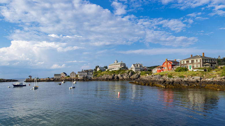 A view from the water of Monhegan Island, a car-free island in M﻿uscongus Bay, Maine