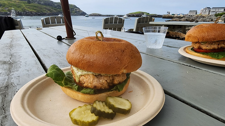 A casual outdoor meal with a view of the water at Monhegan Fish House on Monhegan Island, Maine