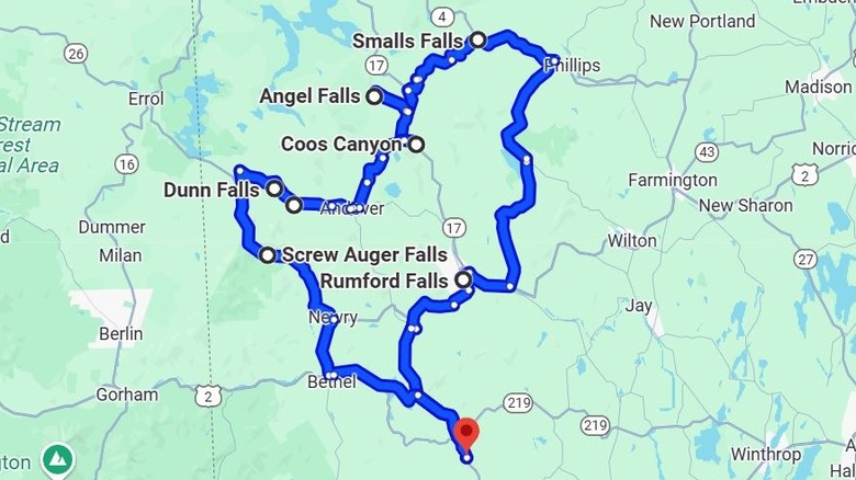 Plotted points on Google Maps for Maine's scenic waterfall loop
