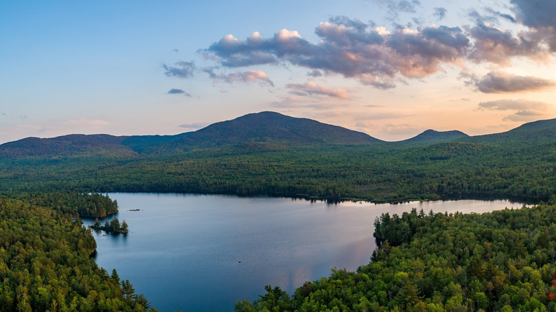 The view of Webb Lake and Mount Blue State Park from the top of Mount Blue in Maine