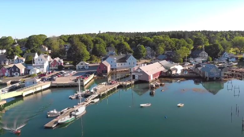 View of buildings along coast of North Haven from above