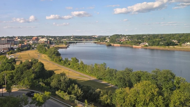 Aerial view over the Penobscot River in Brewer, Maine