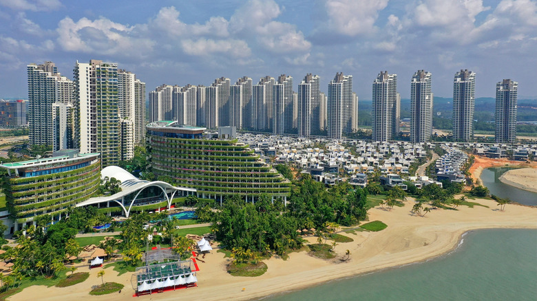 The sky scrapers and greenery of Forest City in Malaysia