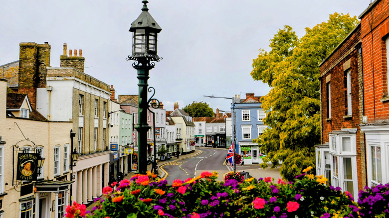 A view of the historic High Street lined with colorful buildings in the heart of Maldon, England