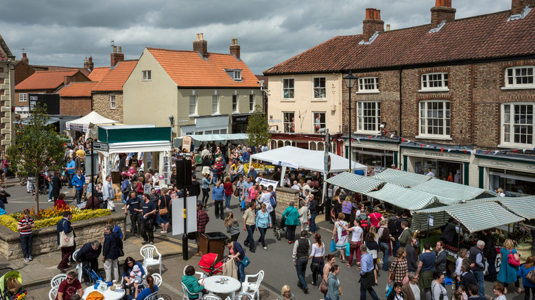 Aerial view of a market in Malton's Market Square