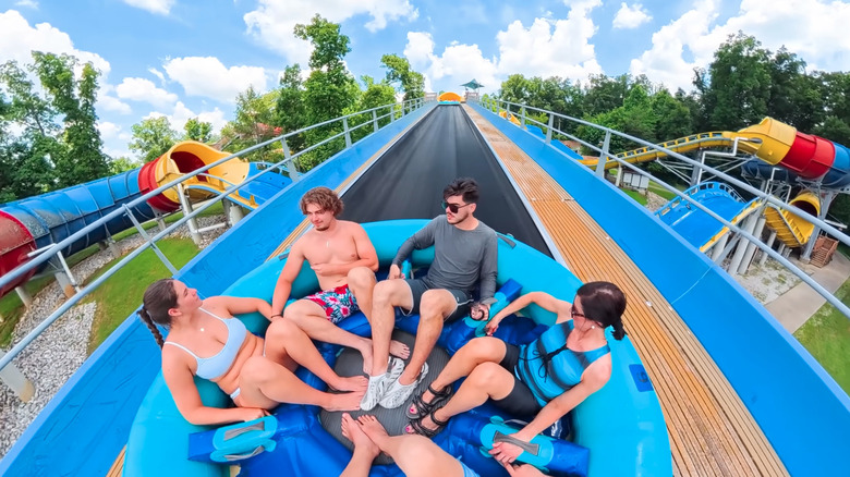 People on the Mammoth water coaster at Holiday World & Splashin' Safari in Santa Claus, Indiana