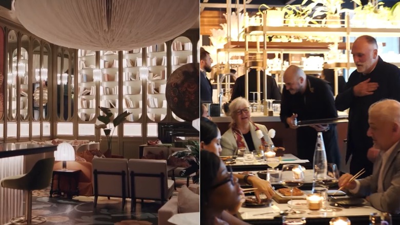 Bookshelves inside the Bazaar Bar and chef José Andrés speaking to diners inside The Bazaar