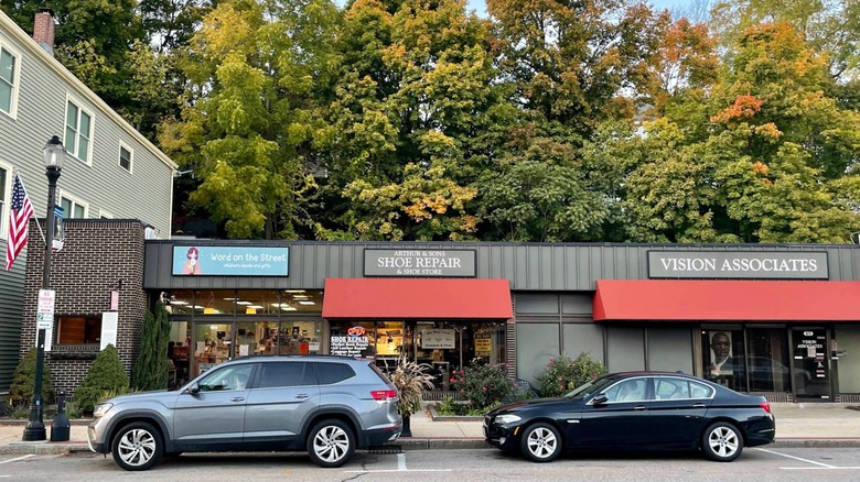 Exterior of Word on the Street and nearby stores in Marlborough, Massachusetts