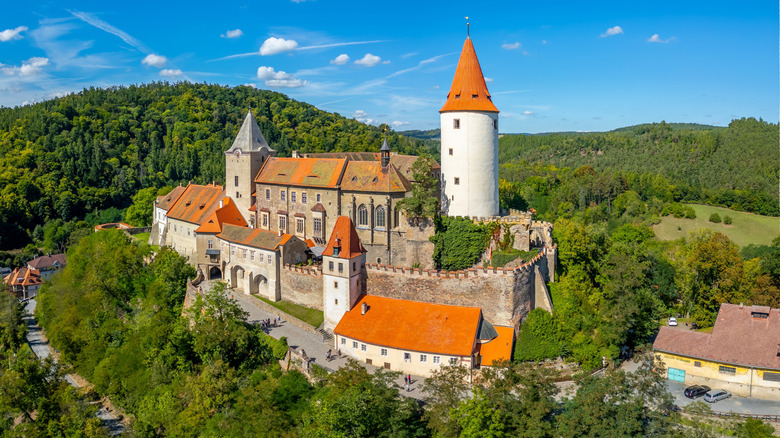 Medieval castle in the Czech countryside on a bright day