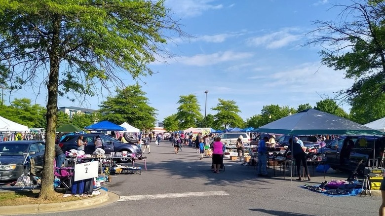 people at flea market under blue sky with green trees