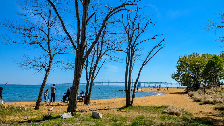 People fishing at Sandy Point State Park in Annapolis, Maryland