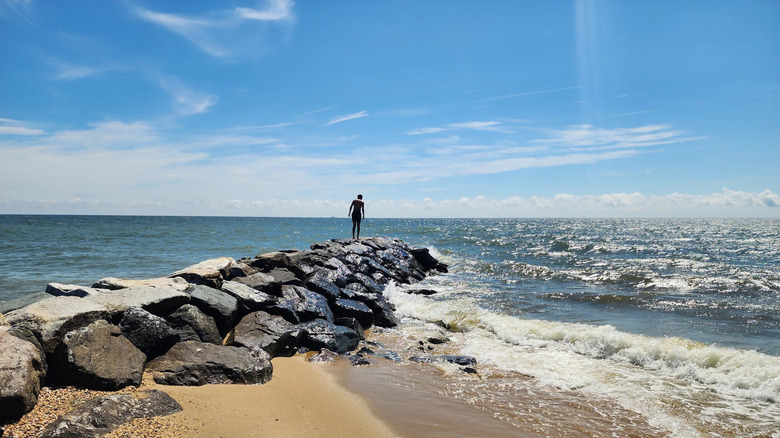 A boy on a rocky jetty at Point Lookout State Park in Scotland, Maryland
