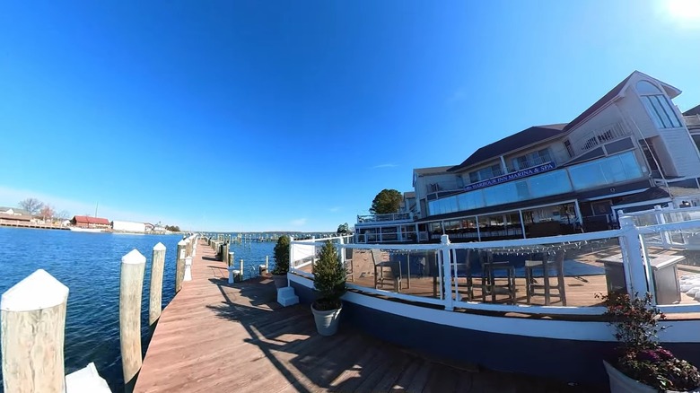 Harbour Inn Marina and Spa exterior shot, showing the building and surrounding docks