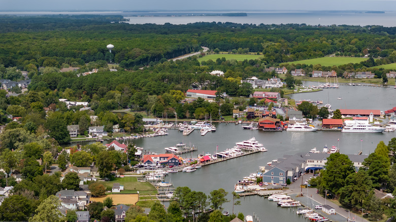 Overhead shot of the waterfront town of St. Michaels, Maryland
