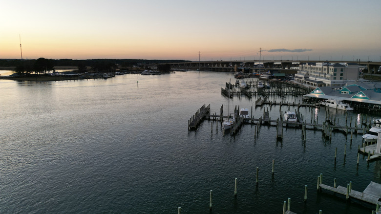 aerial view of marina in Kent Island at dusk