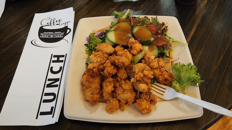 Plate of fried oyster and salad special from The Coffee Trappe