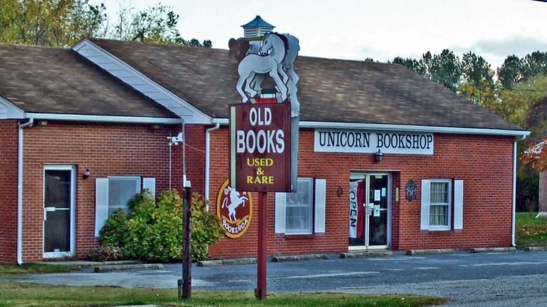 Facade of vintage book seller Unicorn Bookshop in a red brick building