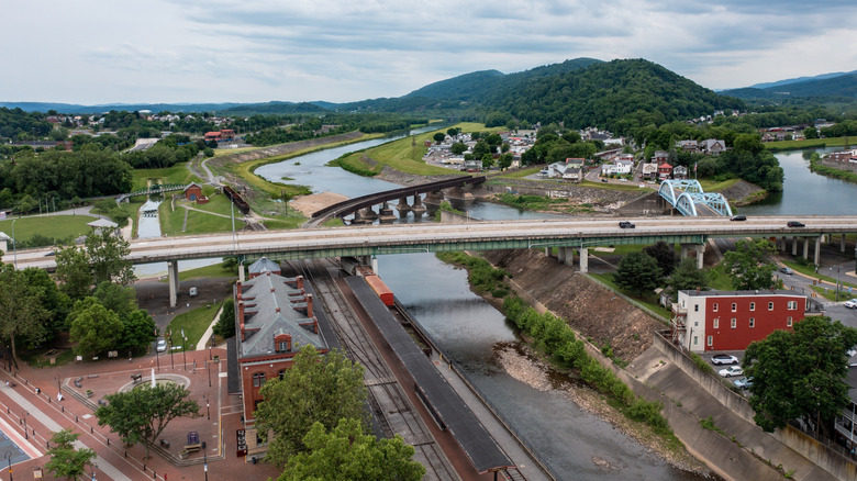 Aerial view of Cumberland with the C&O Canal Towpath, Potomac River, and Cumberland Visitor Center in view