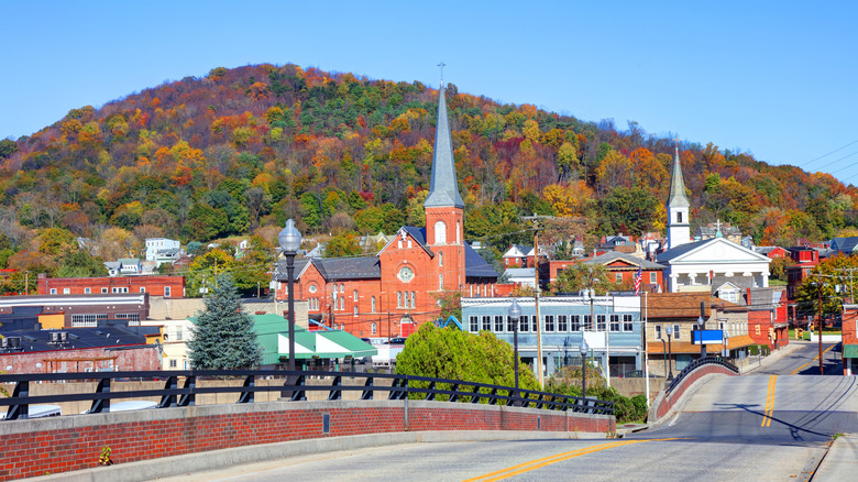 View of Cumberland, Maryland with fall foliage in background