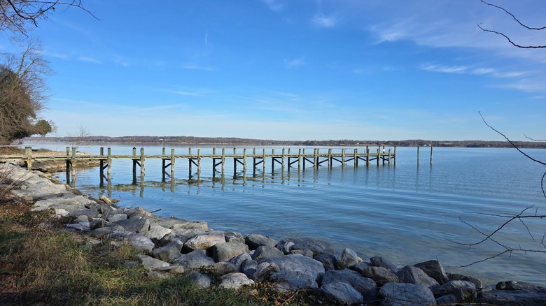 A wooden pier extends into the river at Greenwell State Park.