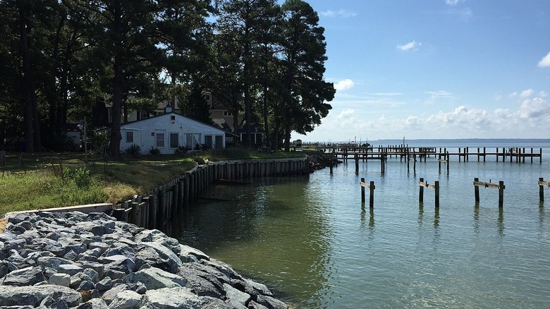 A picture of a waterfront Cobb Island house with a dock