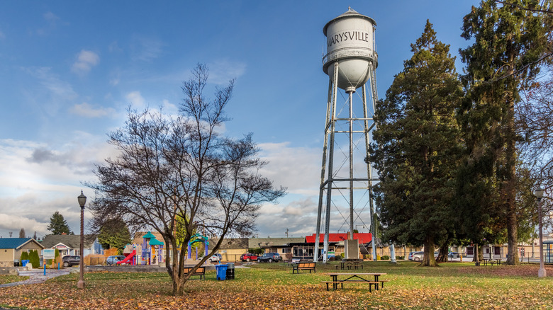 The historic Marysville water tower near a city park on an autumn day in Marysville, Washington