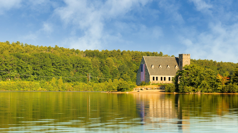 Shoreline view of Wachusett Reservoir with the church in the background