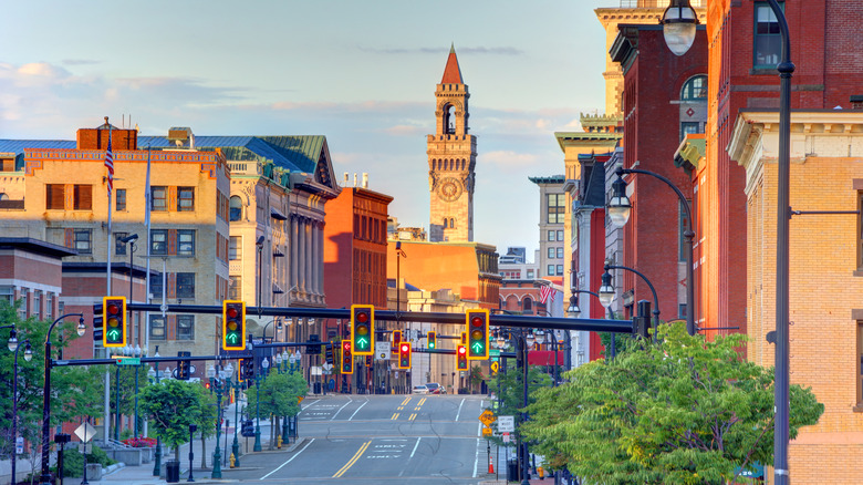 Golden hour descends on the historic storefronts of downtown Worcester