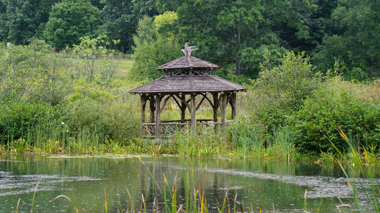 A gazebo stands in the middle of the New England Botanic Garden, Massachusetts