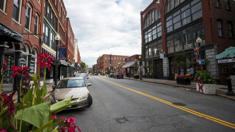 Downtown Haverhill, Massachusetts with historic buildings and flowers