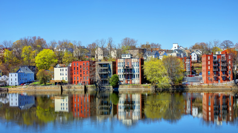 Unique buildings along the Merrimack River in Haverhill, Massachusetts