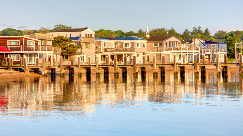 View of waterfront shingled buildings lining Vineyard Haven